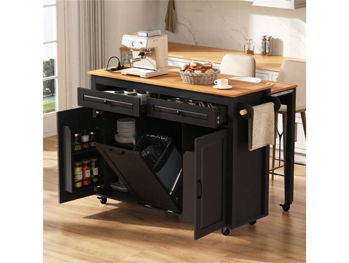 Ilot Central Cuisine avec Rangement et Multiprise USB Compartiment Poubelle Ilot Cuisine Extensible avec Étagères Ajustables