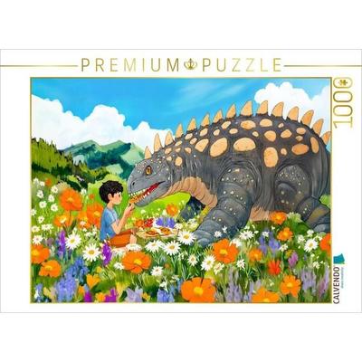 CALVENDO Puzzle Picknick mit Dino auf der Blumenwiese | 1000 Teile Lege-Größe 64x48cm Foto-Puzzle für glückliche Stunden