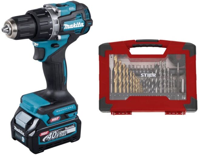 Set Makita Akku-Bohrschrauber 40V DF002GA202 + STIER TiN-Bohrer-, Säge- und Bit-Set 100-teilig