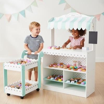 Teamson Kids Wooden Bakery Shop Playset with Bakery Stand and Cart, Pretend Baked Foods, Play Kitchen Toy for Toddlers and Kids