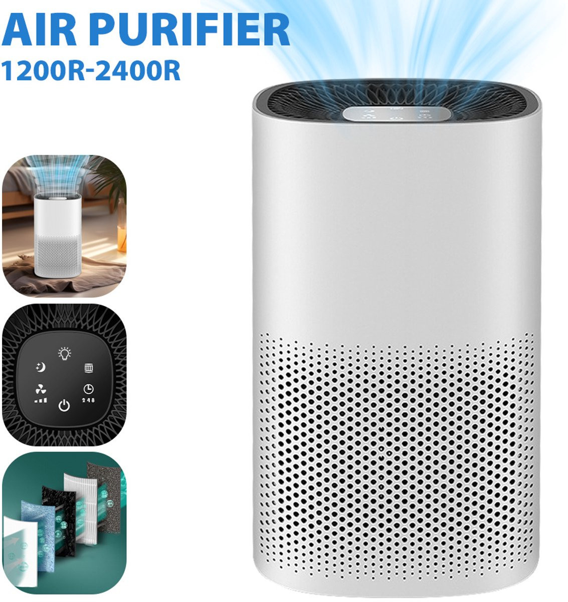 Mini luchtreiniger met HEPA H13-filter, UVC-lampsterilisatie en negatieve ionen, wit