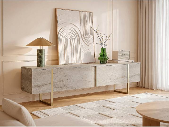 TV-Möbel mit 2 Türen - Travertin-Optik - Beige & Goldfarben - ZIRELDA