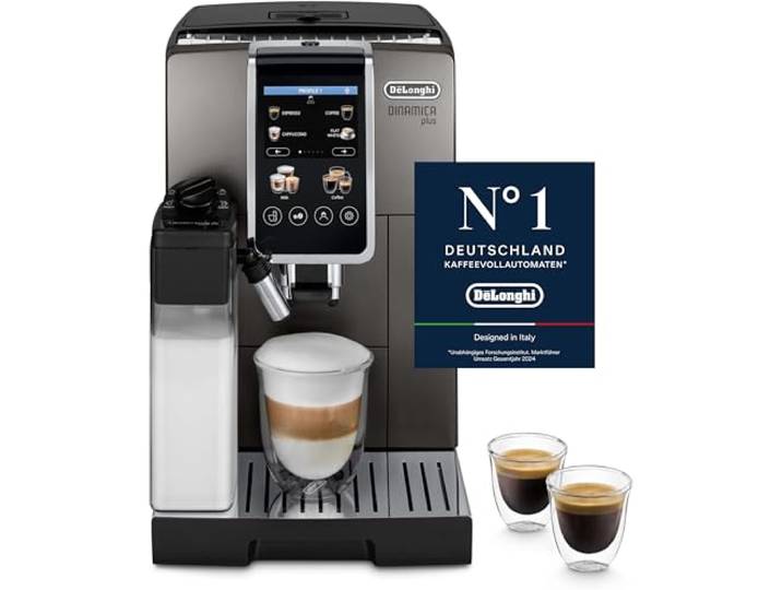 De'Longhi Dinamica Plus - Kaffeevollautomat 24 Getränke Titanium Kaffeemaschine mit LatteCrema Hot-Milchaufschäumer, Espresso und Cappuccino, One-Touch-Getränke, Farbdisplay, ECAM380.95.TB