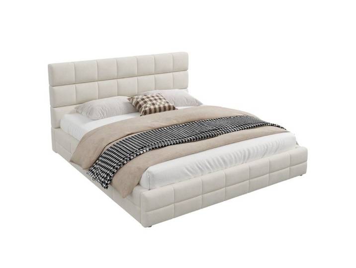 Lit plateforme SENVIRO rembourre 180 x 200 cm velours beige avec tete de lit sommier a 10 lattes