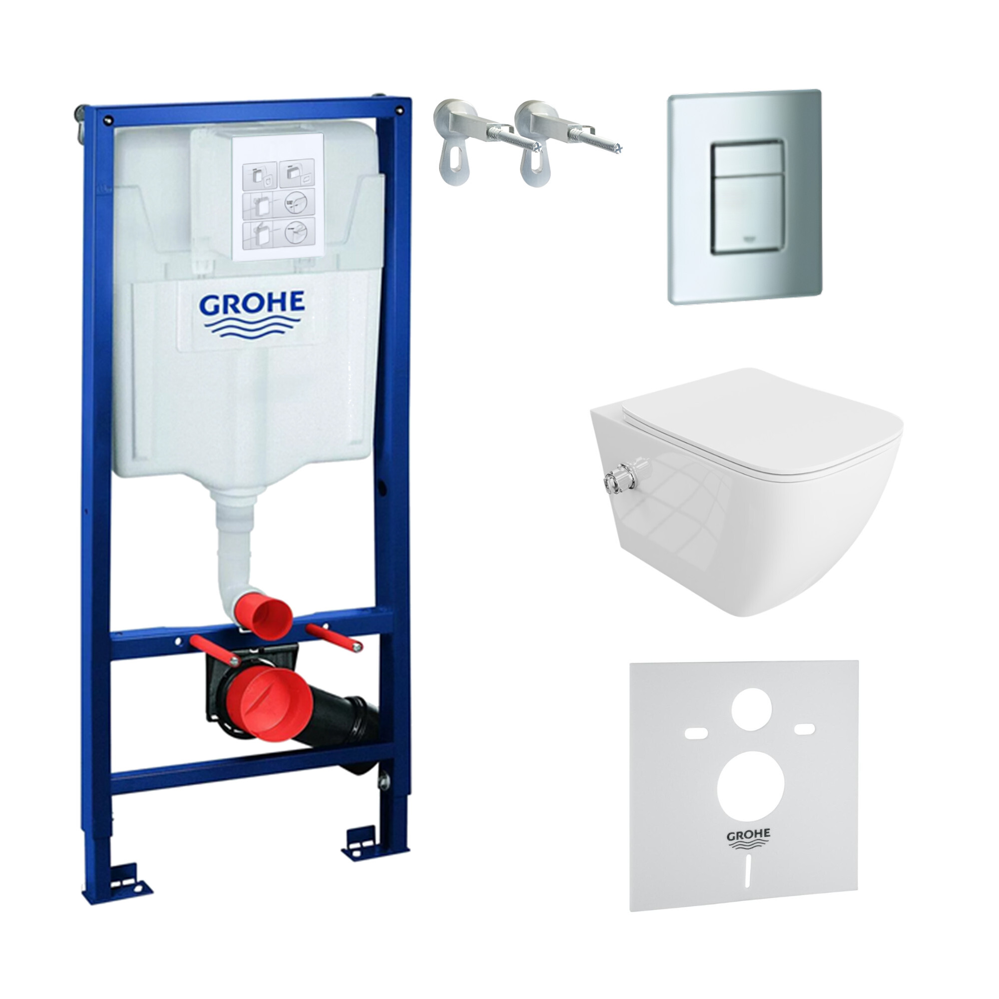 GROHE Vorwandelement Solido + Wand Hänge WC Parana Weiß Spülrandlos + WC-Sitz SoftClose | Verchromter Knopf | Komplettset | Unterputz Spülkasten | Toilette Komplett Sett