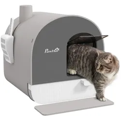 PawHut Katzentoilette Katzenklo mit Haube und Deckel Katzenstreu Matte Grau