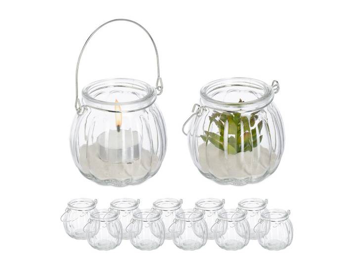 Relaxdays Windlicht Transparent Silber 12er-Set, Glas, Metall, 8x7.5x8 cm, Dekoration, Laternen & Windlichter, Windlichter