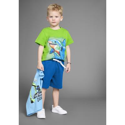 T-Shirt & Sweatbermudas KIDSWORLD, Jungen, Gr. 128/134, grün (grün, blau), Single Jersey, Obermaterial: 100% Baumwolle. Obermaterial Hose: 100% Baumwolle, bedruckt, KOB Set-Artikel, T-Shirt und Hose im Set