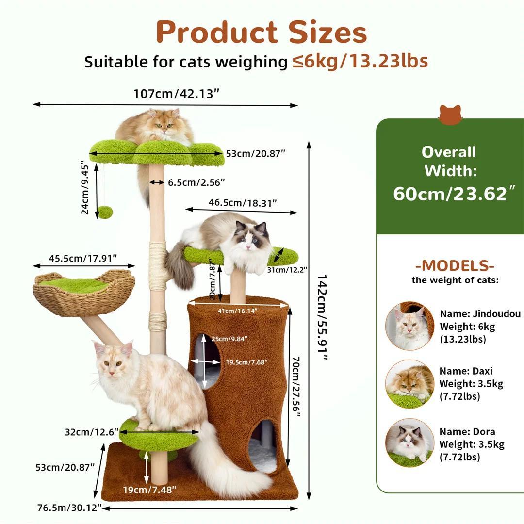 Kratzbaum Katzenbaum - 5-Stöckiger Kletterturm - Weiche Kuschelkörbe - Sisal Kratzstämme - Indoor Aktivitätscenter - 60x40x99 cm - Für Katzen Bis 10 kg - Naturholz Weiß Grün