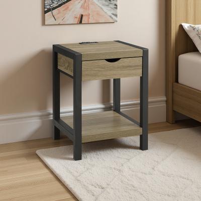 ZWYO HOSIMU "24""H 2-Tier Nightstand with Storage Drawer & USB Port, Laminate & Metal Frame, Contemporary Design Ideal for Bedroom"