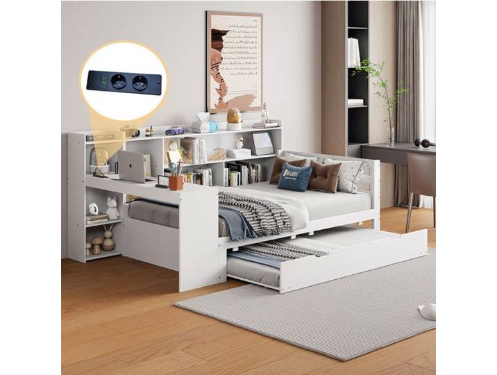 Lit multifonction en bois blanc avec lit gigogne bureau rangements et prise