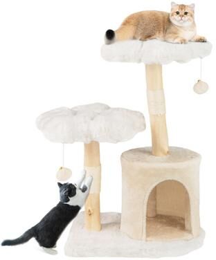 Costway Cute Solid Wood Cat Tree Natural Branch Modern Flower Cat Tower with Sisal Scratching Posts-Beige