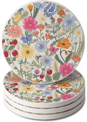CounterArt Wild Meadow Floral Round Absorbent Stone Coaster 4 Pack with Protective Cork Backing. Manufactured in The USA