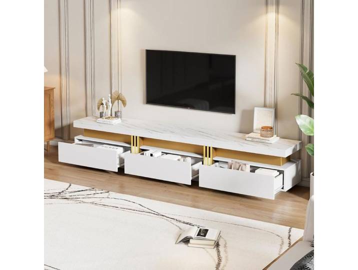 Meuble TV mural blanc avec table basse et rangement multifonction
