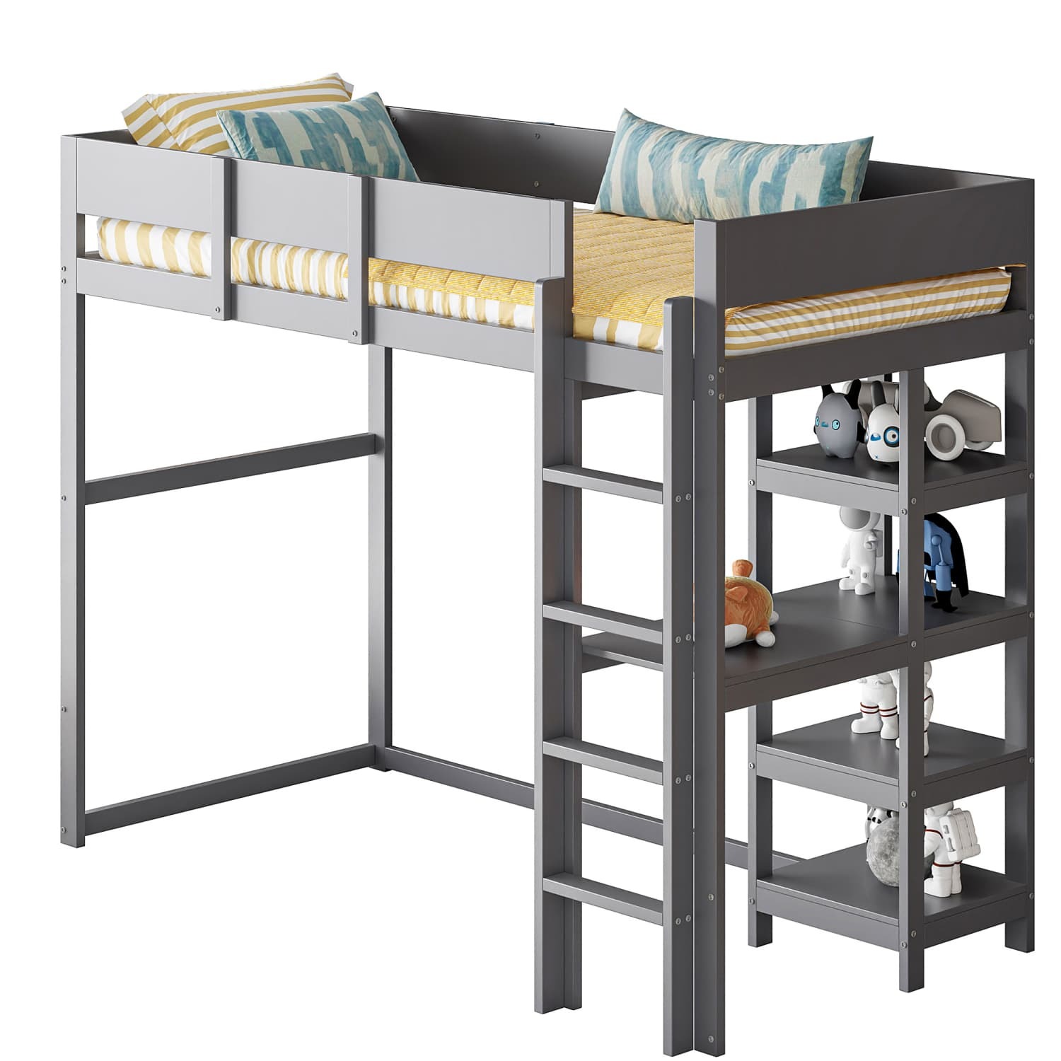 Hochbett mit Ablage(Grau,90x200cm)Bettgestell aus massivem Kiefernholz mit Lattenrost,Bett für Kinder und Jugendliche