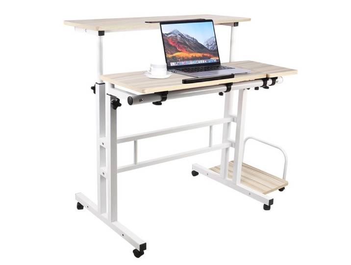 Chene Table d'ordinateur avec étagère de hôte Table roulant réglable avec 3 plans de travail Bureau debout mobile