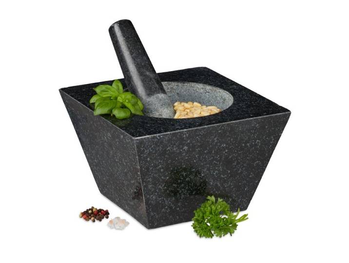 Relaxdays Eckiger Mörser mit Stößel aus Granit
