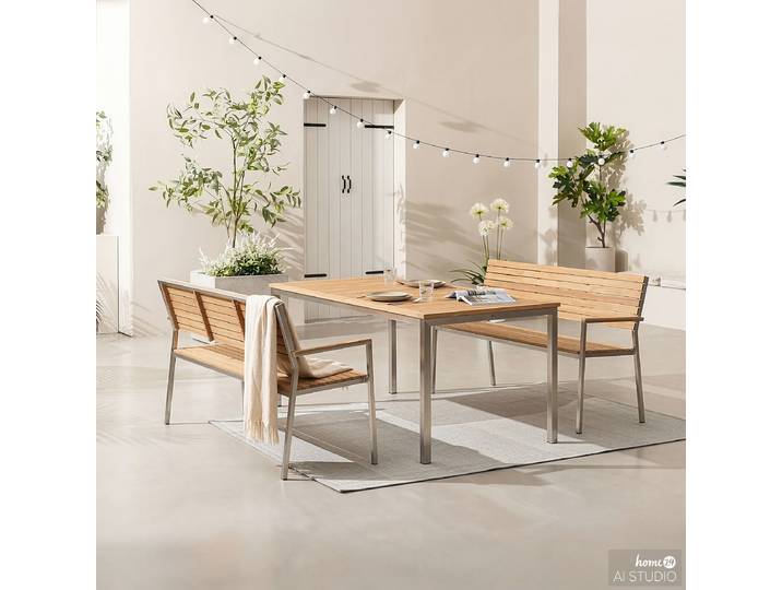 Essgruppe 3-teilig mit Bänken 180 x 75 x 90cm Braun/Silber/Braun/Silber