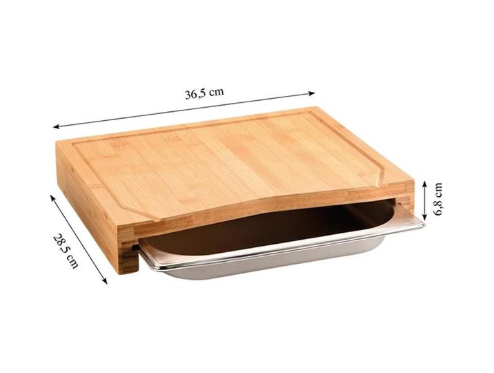 Schneidebrett KESPER mit Auffangschale , braun (natur), B:28,5cm H:6,8cm L:36,5cm, Bambus, Edelstahl, Schneidebretter, Schneidebrett, mit Saftrille