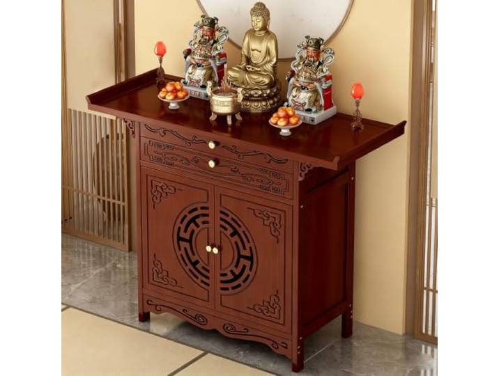 KEIFCUACLA Buddha Altar Tisch mit Aufbewahrung, Holz Hausaltar für Wohnzimmer, Buddhistischer Schrank für Religiöse Statuen, Kleiner Flurmöbel mit Schnitzereien(A,66x40x100cm)