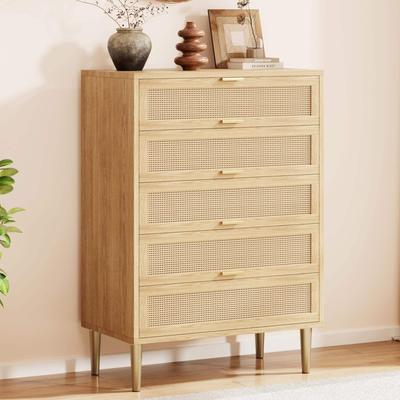 YUN Rattan 5 Drawer Dresser, 44'' Tall Narrow Chest, Farmhouse Vertical Dresser with Metal Legs and Handles