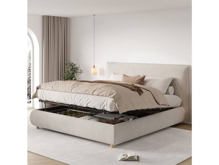 ULEVR lit double 180 x 200 cm avec coffre hydraulique sommier à lattes tête de lit rembourrée en velours crème