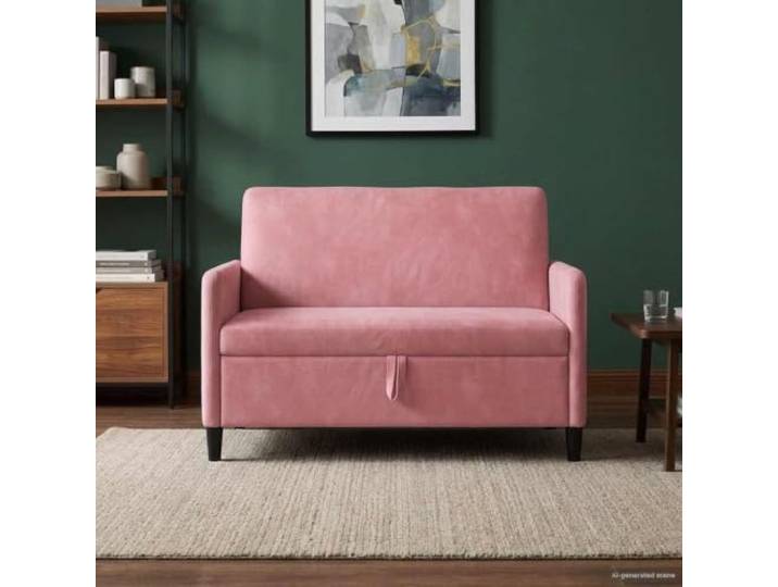 KTHLBRH Sofa 2-Sitzer Rosa mit Stauraum 122 x 78 x 87 cm Atmungsaktives Polyester, waschbares Innenfutter, Kunststoffbeine, Gestell aus Metall und Holz