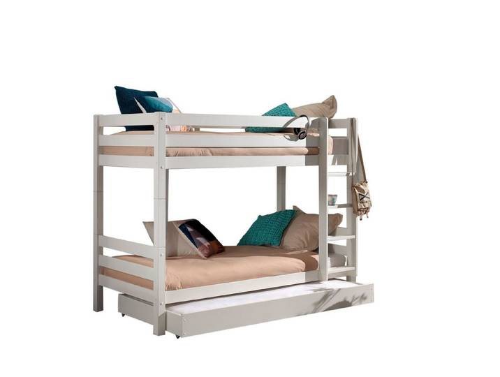 58 aufm Kessel Bettgestell Etagenbett + Schubladen Karolina 210x105x161 Hochbett Massivholz Weiß (inkl. Versand, Lieferung bis Verwendungsstelle), Liegefläche 2x 90x200, Absturzschutz, Bettschublade, Rolllattenrost