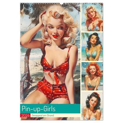 Pin-up-Girls. Sexappeal am Strand (Wandkalender 2026 DIN A2 hoch), CALVENDO Monatskalender