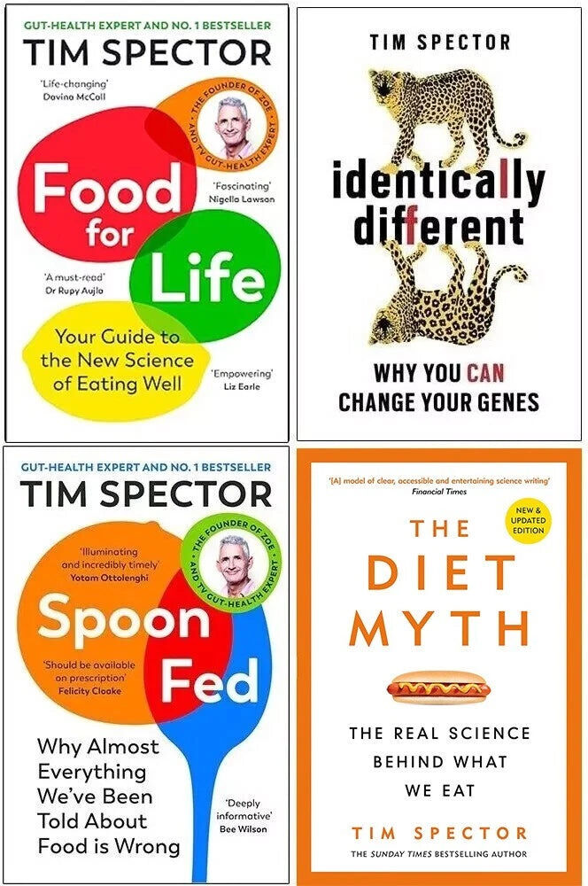 Jonathan Cape/W&N/Vintage ltd Tim Spector Collection 4 Books Set (Food for Life, Identically Different, Spoon-Fed, The Diet Myth)