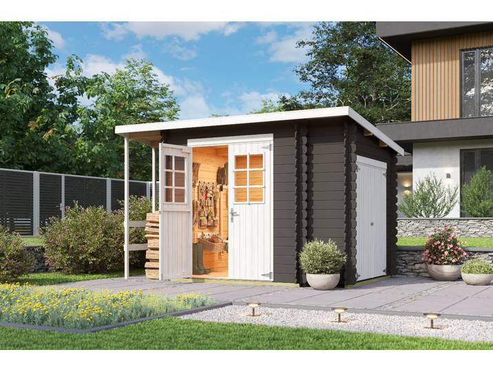 Gartenhaus NORDIC HOLZ Vilano 3 , grau (carbongrau), ohne Fußboden, ohne Dacheindeckung, Massivholz, Gartenhäuser, Gartenhaus, mit 3 getrennten Bereiche