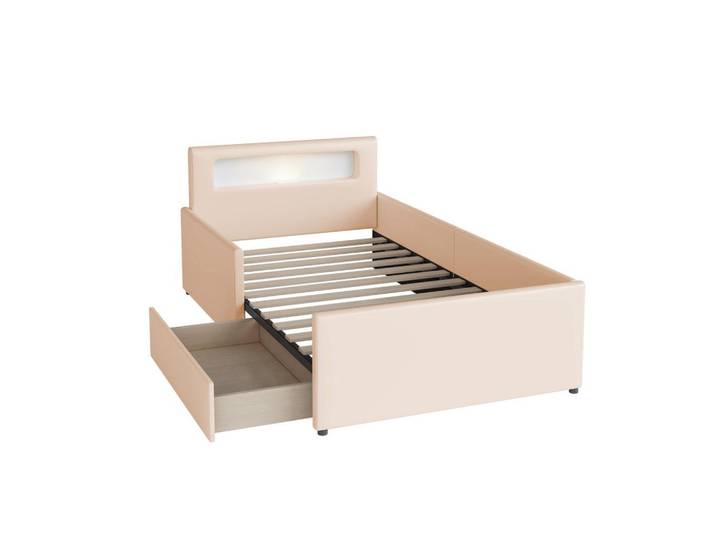 Komhtom Polsterbett 90x200 cm mit Nachtlicht und USB-Ladeanschluss in Beige, Leder, Mode, 90x200 cm, Schlafzimmer, Betten, Polsterbetten