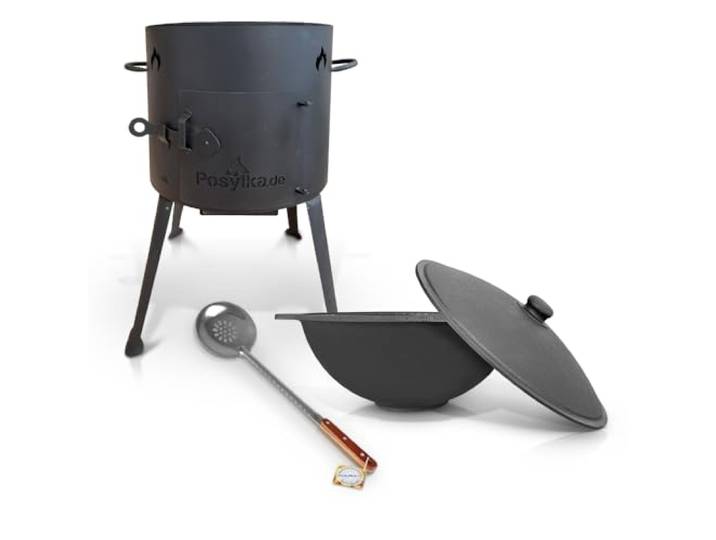 Utschak Feuerofen mit Gusseisen Topf flacher Boden mit Deckel (10 L) Kazan Schaumlöffel 48 cm KazanoFF, Учаг, Outdoor, Feuerschale, Camping, Kasan, Gulaschkanone Dutch Oven (Set 3)