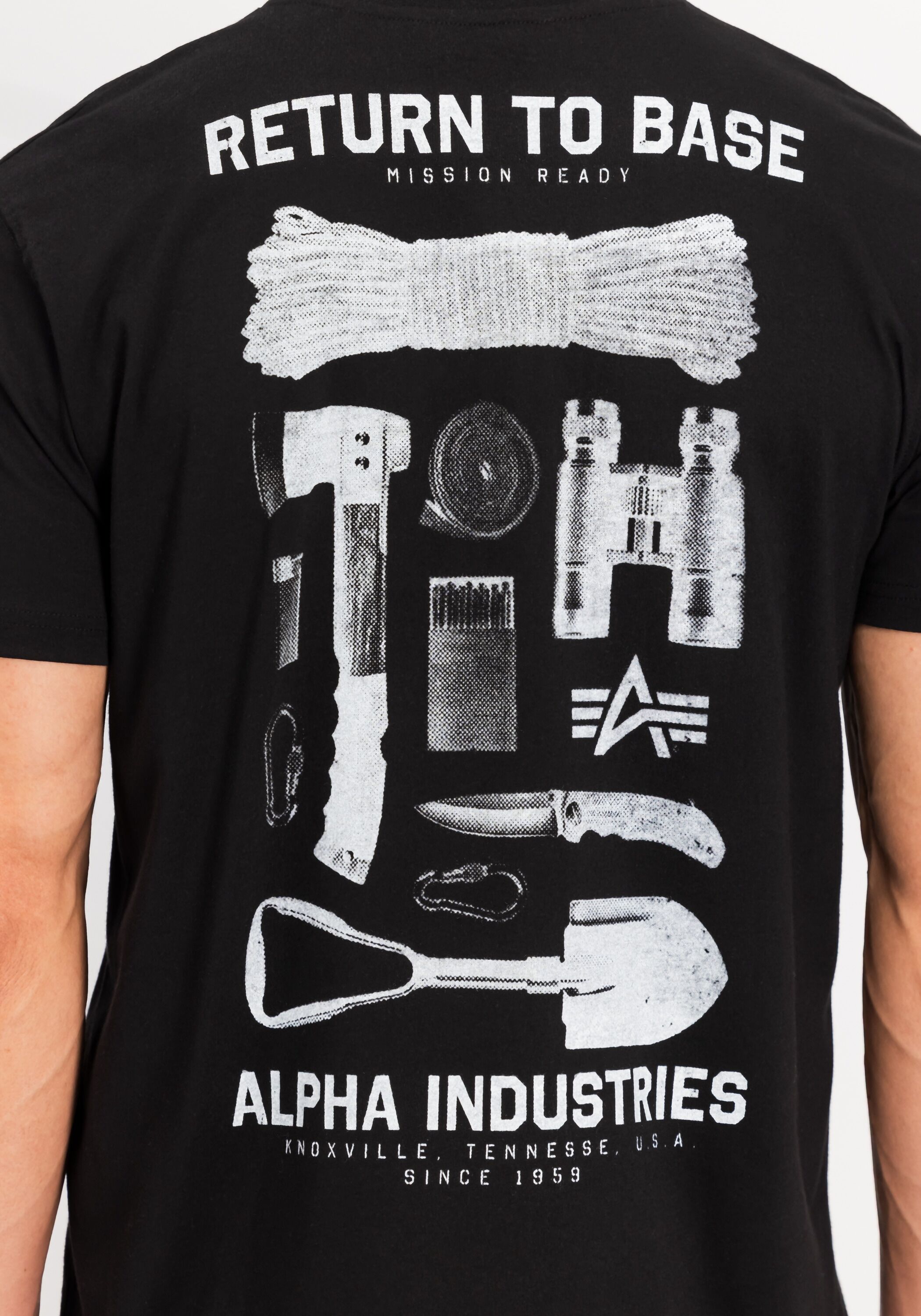 T-Shirt ALPHA INDUSTRIES "Return To Base T-Shirt", Herren, Gr. XXL, schwarz, Obermaterial: 100% Baumwolle, Shirts T-Shirt schwarz XXL