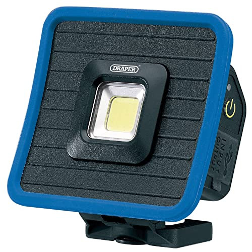 Draper 88595 COB LED oplaadbare mini-schijnwerper en powerbank met magnetische sokkel en ophanghaken, 10 W, 1000 lumen, blauw en zwart
