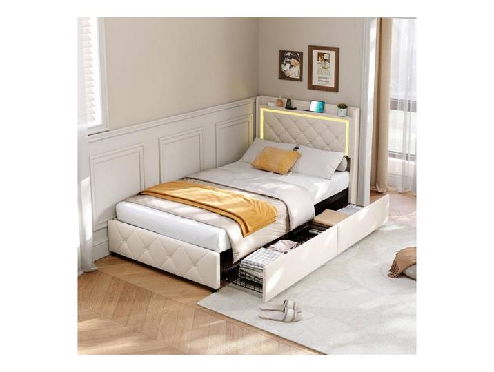 LuxusKollektion Schlafsofa Schlafsofa ausziehbar Polsterbett 2Sitzer Lattenrost Beige + Schublade