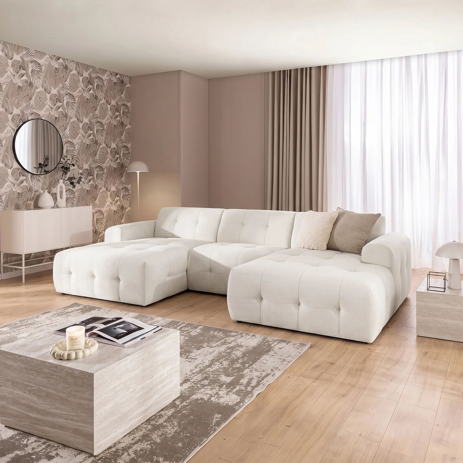garneroarredamenti Divano panoramico 323x161cm tessuto vellutato bianco Horizon
