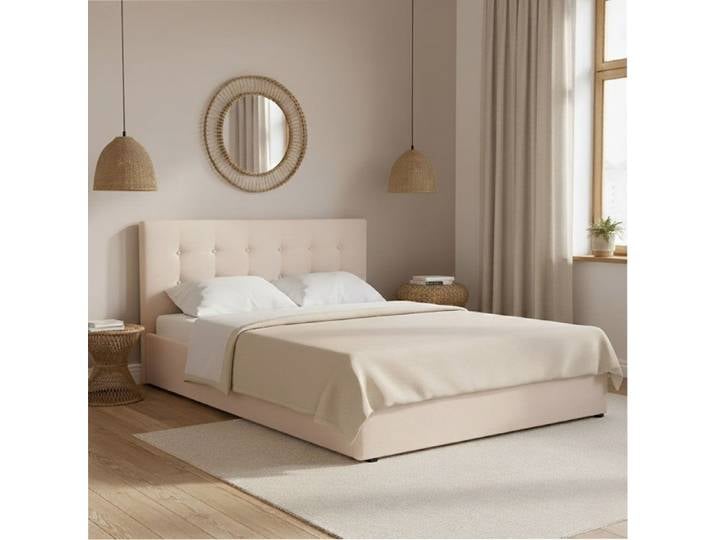 Lit coffre 160x200 en velours écru avec tête de lit capitonnée Terre de nuit - Ecru - Terre de Nuit