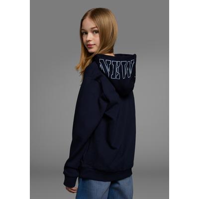 Kapuzensweatshirt KIDSWORLD "Hoodie mit Print auf der Kapuze", Mädchen, Gr. 128/134, blau (marine), Sweatware, Obermaterial: 100% Baumwolle, bedruckt, weit hüftlang, Bündchen, Sweatshirts, Hoodie mit großem Print auf der Kapuze