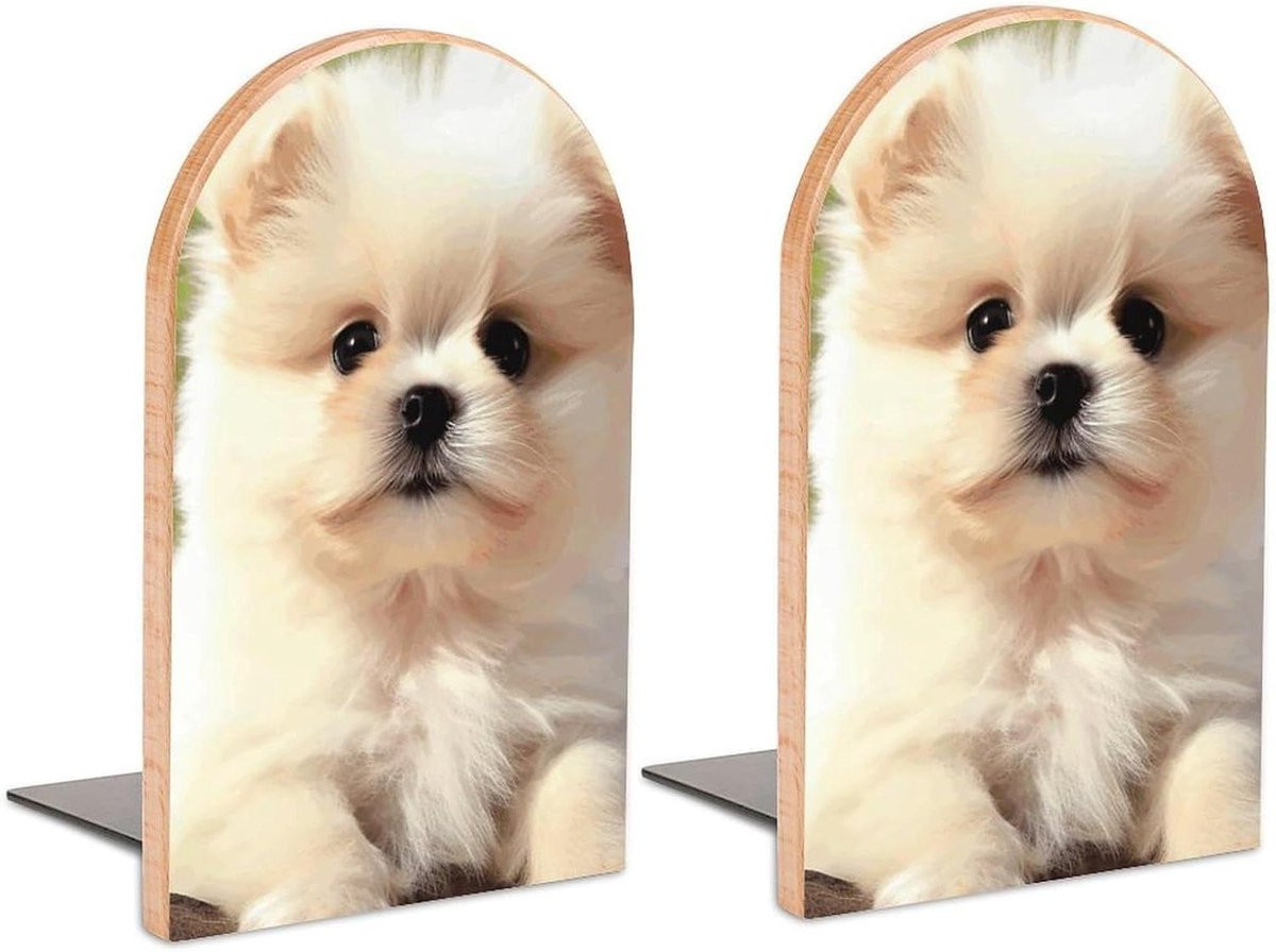 Houten boekensteunen met anti-slip ontwerp in de vorm van een witte hond, Hoogte: 17 cm