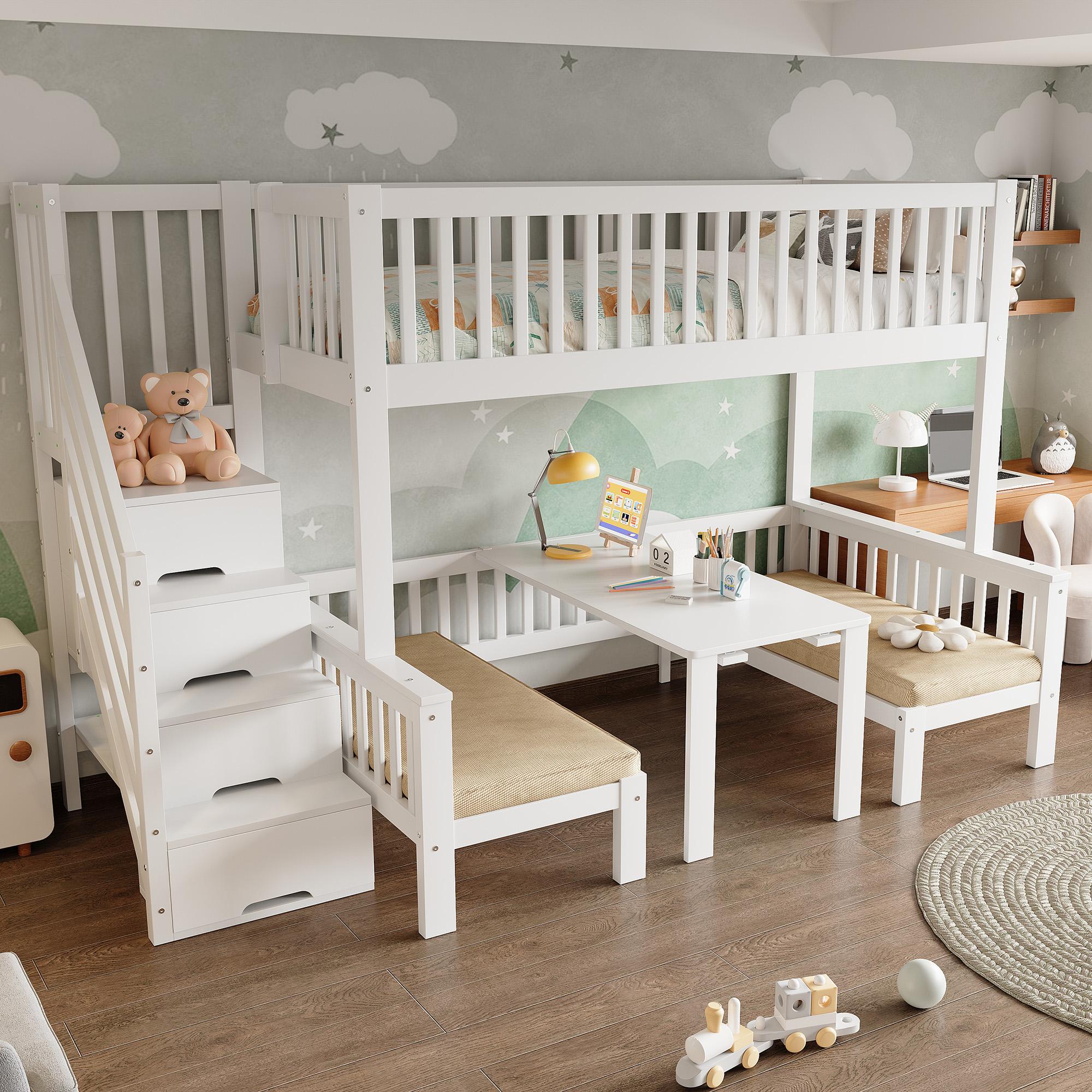 STILVORA Etagenbett 90x200cm & 120x200cm,mit 90x200cm Matratze, Kinderbett mit höhenverstellbarer Tisch Aufbewahrungstreppe und Sicherheitsgeländer, Weiß