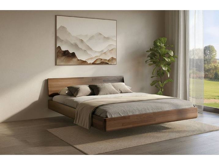 Visby Holzbett Lena (2-tlg., Buchenbett mit schwebender effekt), 140/200, Buche - lackiert, Nussbaumfarbe