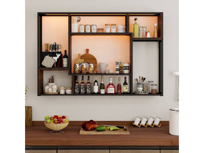 120x80cm Étagère Murale avec Éclairage LED RVB 7 Compartiments Étagère Flottante en Métal Noir