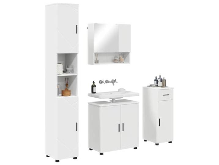 KTHLBRH Badezimmermöbel-Set, 4-teilig, Weiß Technisches Holz, Metallic-Akzente, Schrank mit Schublade, Wandwaschbeckenschrank
