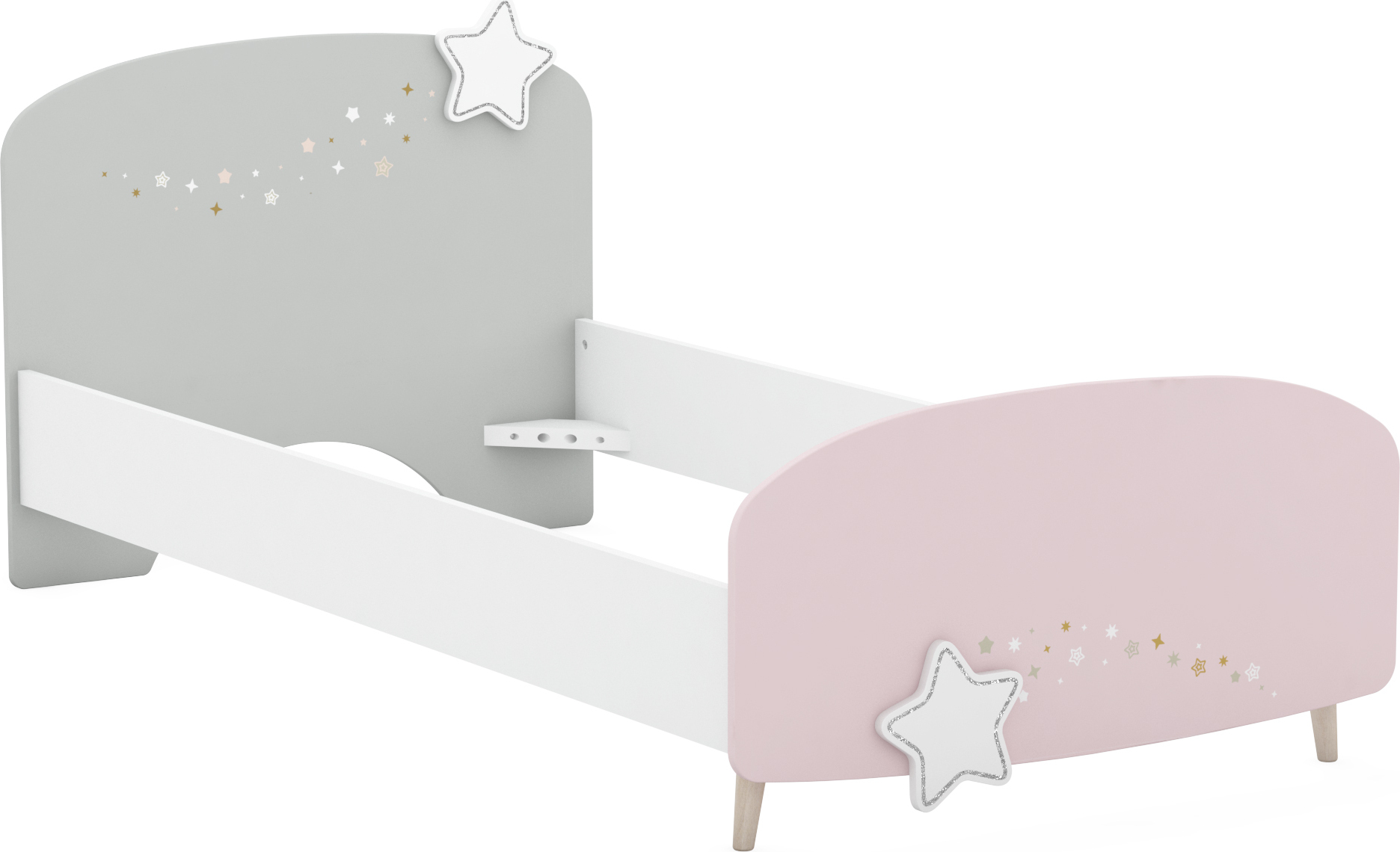 Kinderbett Stella 90x200 cm, Weiß Grau Rosa, Sterne mit Silberpailletten, 97x204,5x77 cm