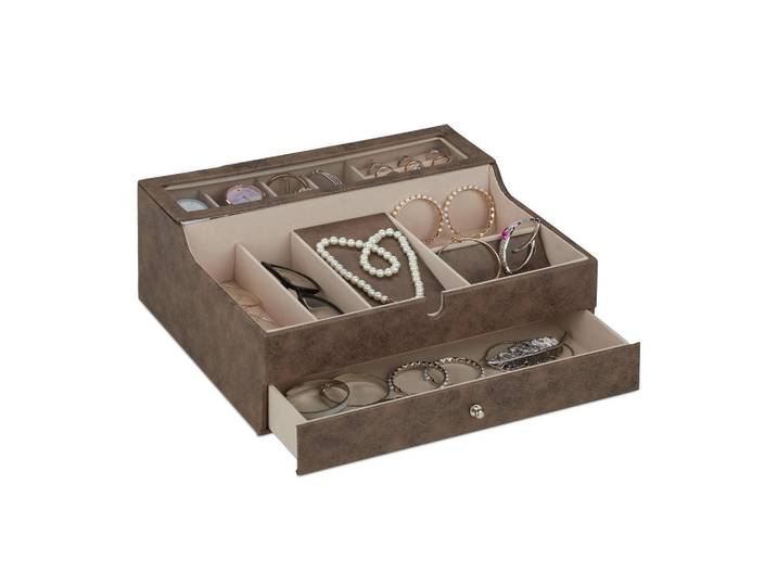Relaxdays Schmuckkästchen Braun Lederoptik mit Schublade, Wellpappe, 34x13x31 cm, Ordnen & Aufbewahren, Schmuckaufbewahrung