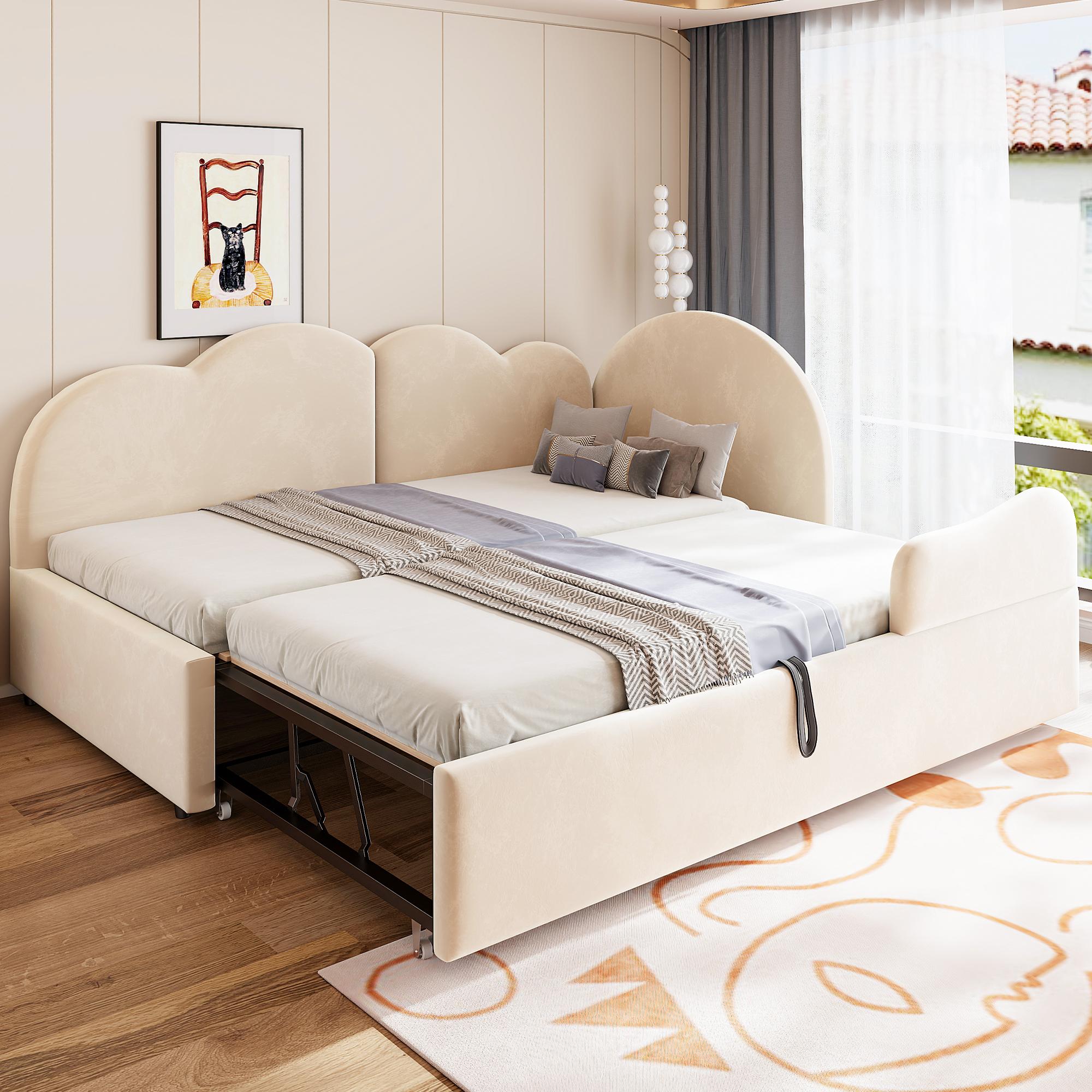 Schlafsofa 90x200 + 90x190 cm mit Ausziehbett, L-förmiges Polsterbett mit Wolkenkopfteil und Samtbezug, für Kinder- und Gästezimmer