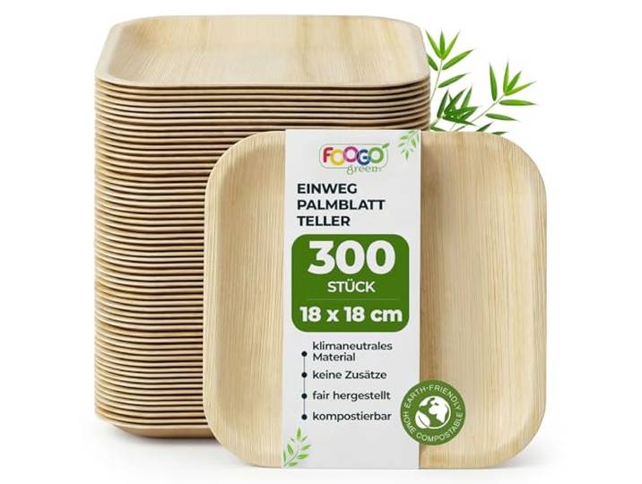 FOOGO Green Palmblatt-Teller eckig 300 Stück 18x18 cm Einweggeschirr kompostierbar & naturbelassen – extra stabil & fettresistent – nachhaltiges Einweggeschirr für Party & BBQ