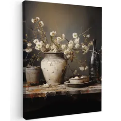 LEINWANDBILD Stilleben - Blumen - Blumenstrauß - Vase - Wein Wandbild Wohnzimmer 60x80 cm