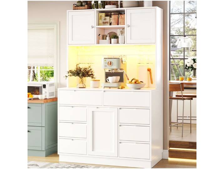Colonne de Cuisine avec 8 Tiroirs Étagères Réglables et LED - pour Cuisine - en MDF - Blanc - 120×40×183 5 cm